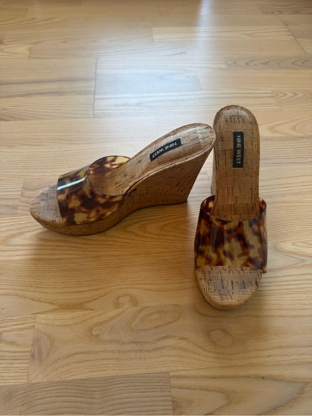 Nine West Tortoiseshell Cork Wedge Mules - Brown/Amber